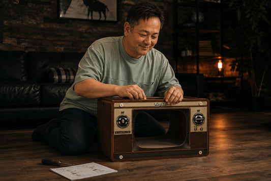 入れなかった猫ちゃんへ。 組み立て型レトロテレビ爪とぎという選択