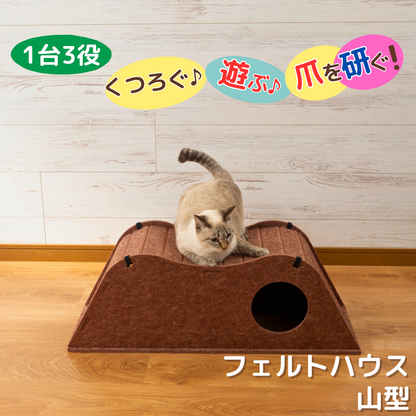 フェルト製で爪とぎの研ぎカスやゴミがほとんど出ず掃除が楽という5つ星レビューと猫を撫でる手の写真、匂いが気にならずすぐ使ってくれたという別のレビューと猫を抱く女性の写真。