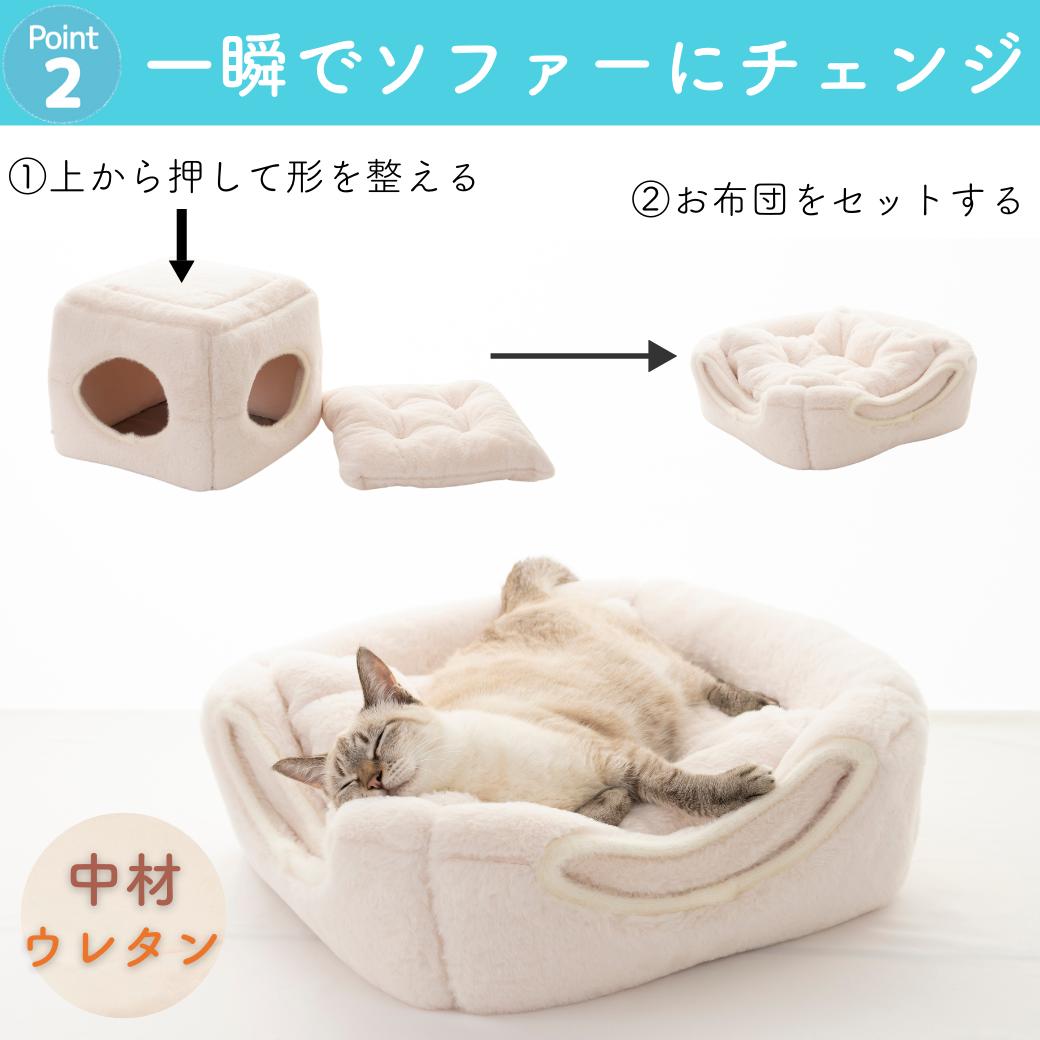 Point2「一瞬でソファーにチェンジ」。①上から押して形を整える②お布団をセットする手順と、ソファー型で仰向けに寝る猫の写真。中材はウレタン