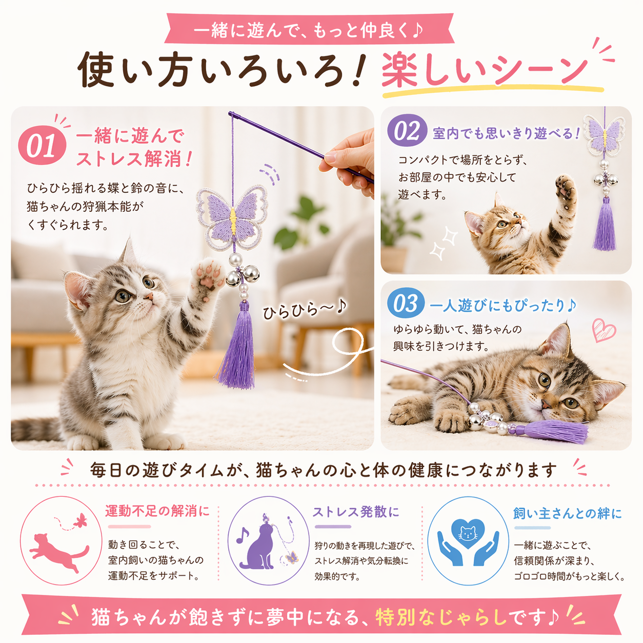 使い方3シーンの紹介。飼い主と一緒に遊んでストレス解消、室内でコンパクトに遊べる、一人遊びにも使えると説明し、運動不足解消・ストレス発散・飼い主との絆づくりに効果的と紹介する猫の写真付き
