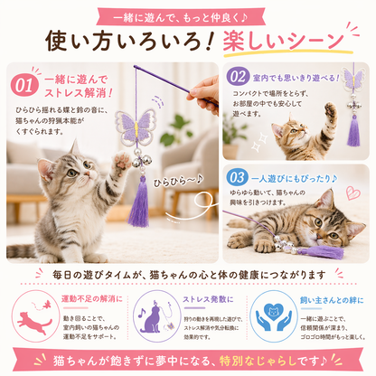 使い方3シーンの紹介。飼い主と一緒に遊んでストレス解消、室内でコンパクトに遊べる、一人遊びにも使えると説明し、運動不足解消・ストレス発散・飼い主との絆づくりに効果的と紹介する猫の写真付き