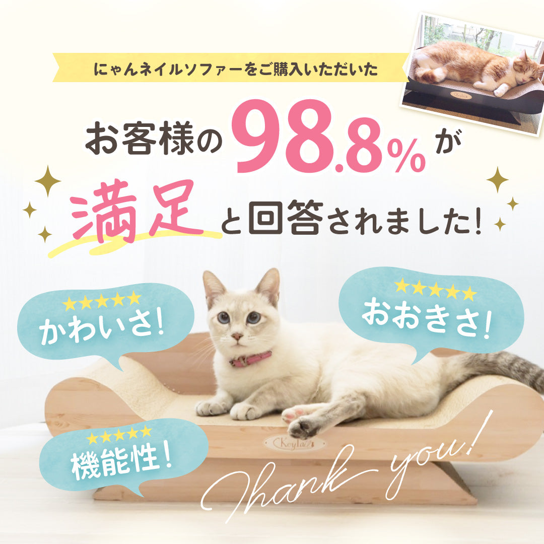 購入者の98.8%が満足と回答した調査結果。木目調ソファーで眠る猫の写真と、かわいさ・おおきさ・機能性を評価するレビュー吹き出し