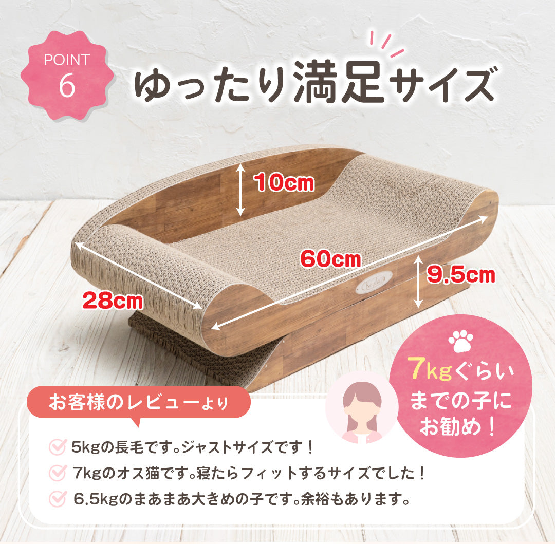 POINT6「ゆったり満足サイズ」。サイズ図で幅60cm×奥行28cm×高さ10cm、台座使用時9.5cmと表記。7kgぐらいまでの子におすすめで、5〜7kg台の猫にジャストサイズだったというレビュー3件を掲載