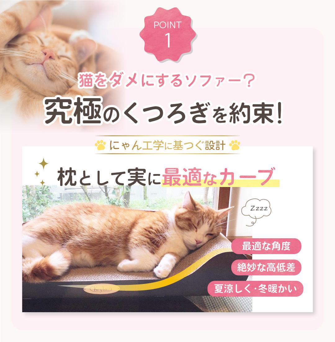POINT1「猫をダメにするソファー？究極のくつろぎを約束！」。窓辺のソファーで気持ちよさそうに眠る猫の写真とともに、最適な角度・絶妙な高低差・夏涼しく冬暖かいと紹介
