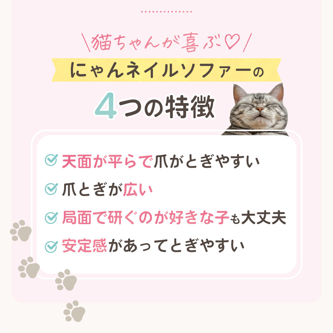 「にゃんネイルソファーの4つの特徴」。天面が平らで爪がとぎやすい・爪とぎ面が広い・側面で研ぐのが好きな子も大丈夫・安定感があってとぎやすいの4項目をチェックリストで紹介