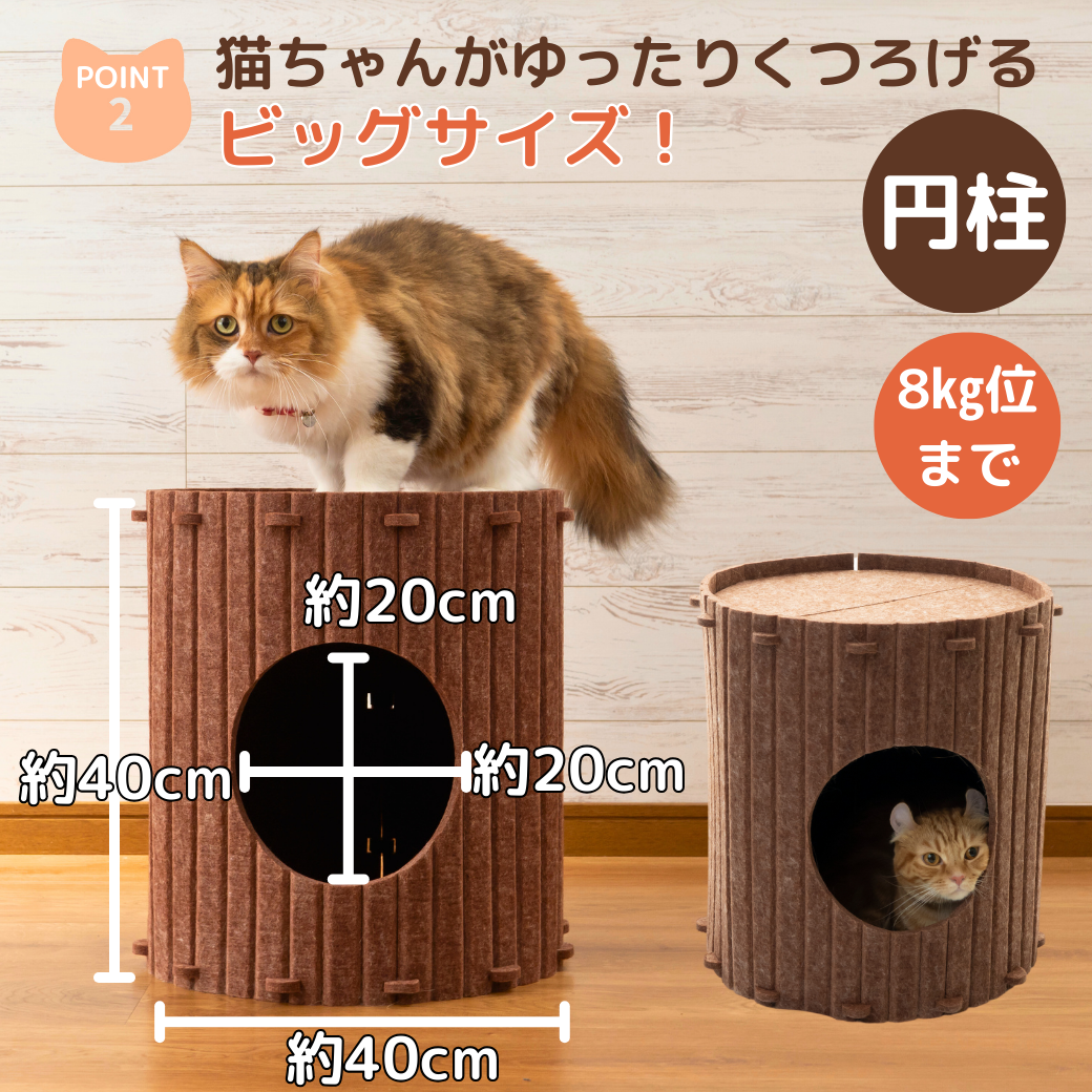 「家型 House Type」の見出し。ハート型屋根・小窓付きの家型ハウスと、小窓や中から顔をのぞかせる白猫の写真。屋根付きで囲まれ感があり落ち着ける、狭い場所が好きな子におすすめという説明。