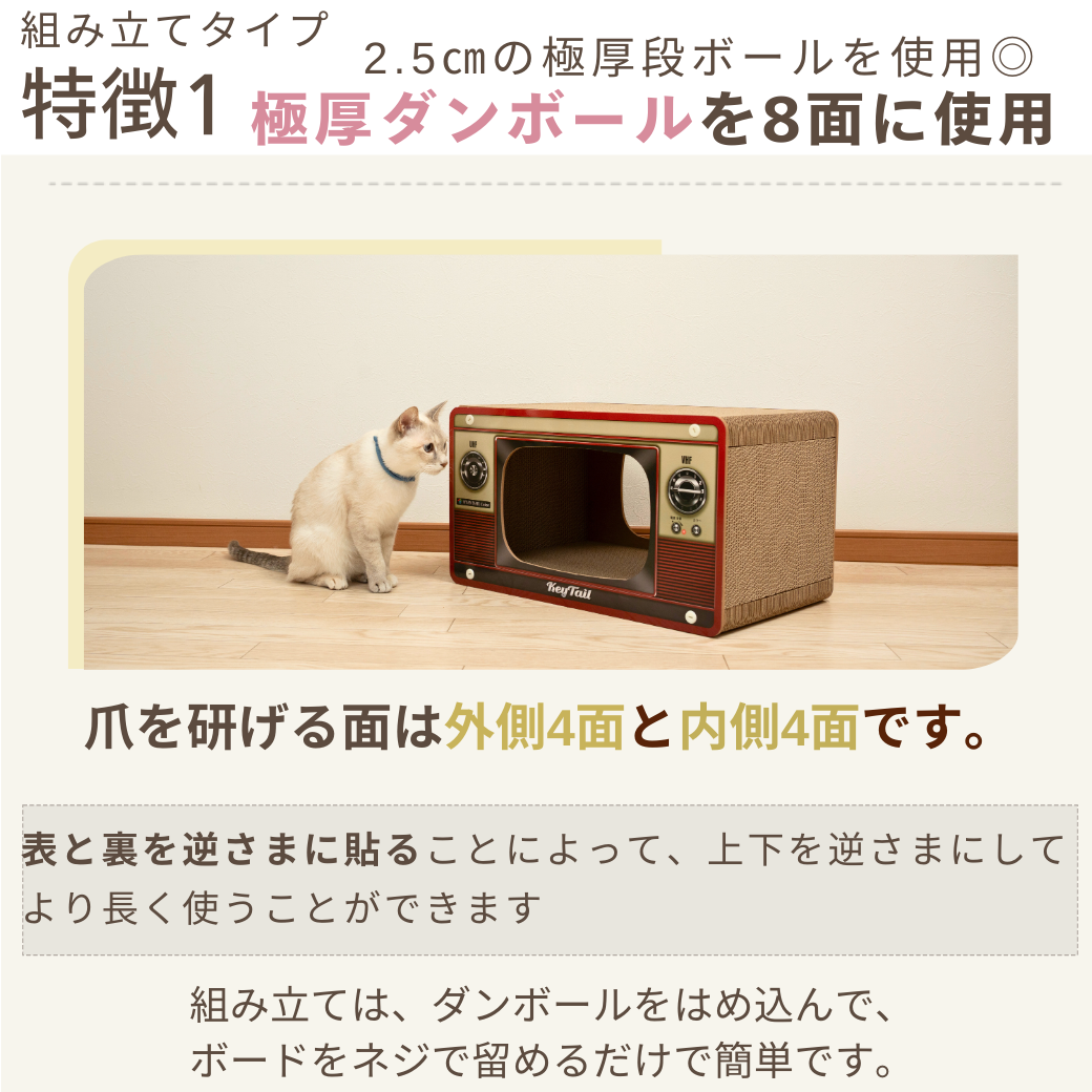 「特徴1 極厚ダンボールを8面に使用」。2.5cm厚の段ボールを使ったテレビ型爪とぎのそばに座る猫の写真。爪を研げる面は外側4面と内側4面、裏表を逆さに貼れば長く使えると説明