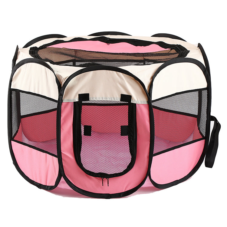 ピンクカラーの八角形メッシュサークルを正面から撮影した単品画像。白背景に天面はアイボリー、側面はピンクのメッシュ窓とジッパー扉を備えた製品全体像