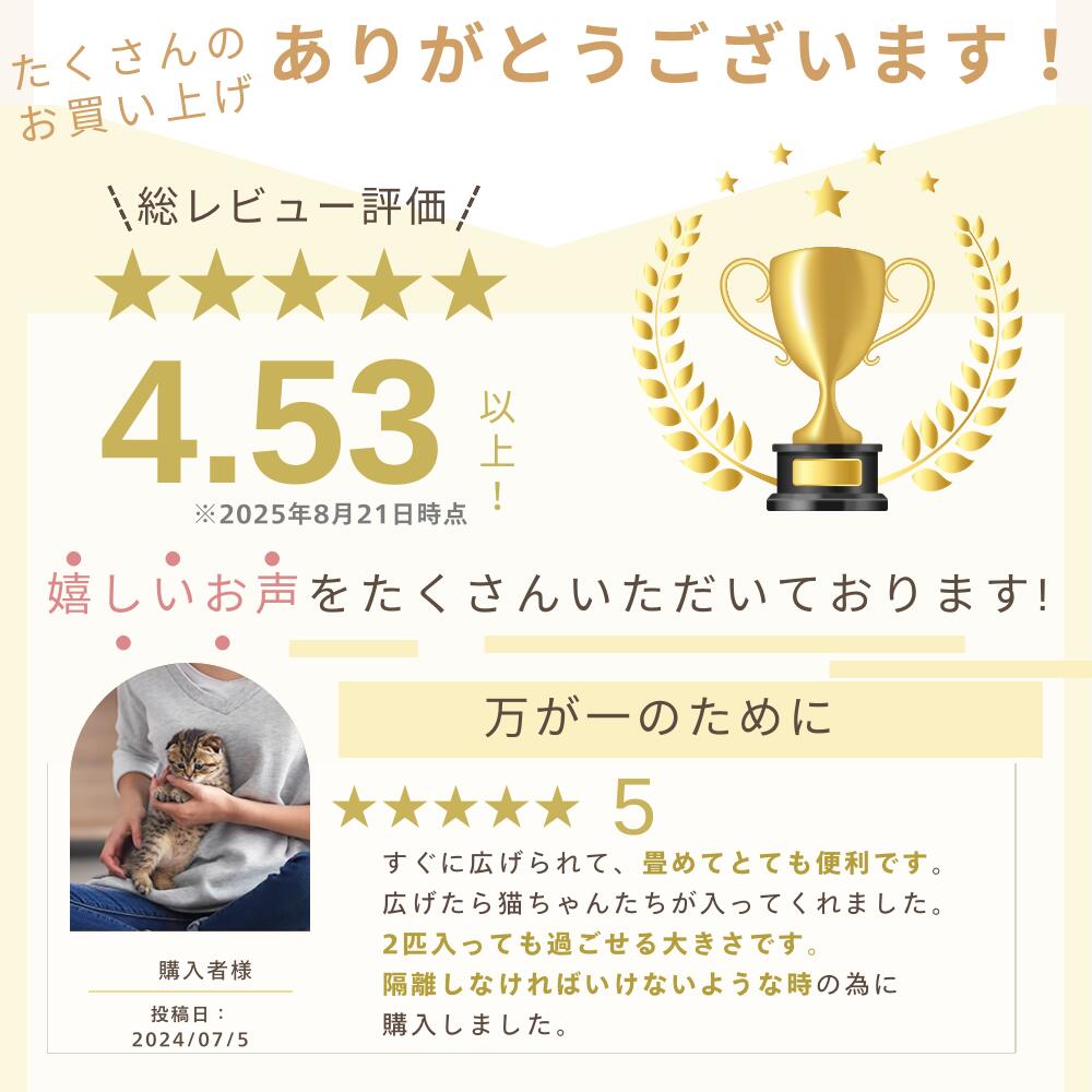総レビュー評価4.53以上（2025年8月21日時点）の星5評価と、購入者の感想「万が一のために」を紹介。子猫を抱く女性の写真と共に、すぐに広げられて畳める使い勝手の良さを伝えるレビュー
