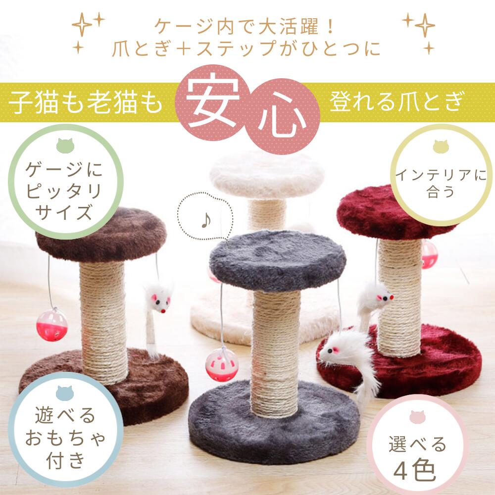 ゲージ内で大活躍、子猫も老猫も安心して登れる爪とぎ。ゲージにピッタリサイズ・遊べるおもちゃ付き・インテリアに合う・選べる4色の4点を茶グレー白レッドのポールで紹介
