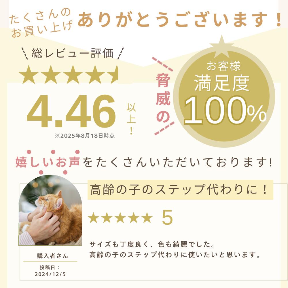 総レビュー評価4.46以上、お客様満足度100%という実績と、高齢猫のステップ代わりに使い高評価を寄せた5段階評価5の购入者レビュー、猫を撫でる手の写真