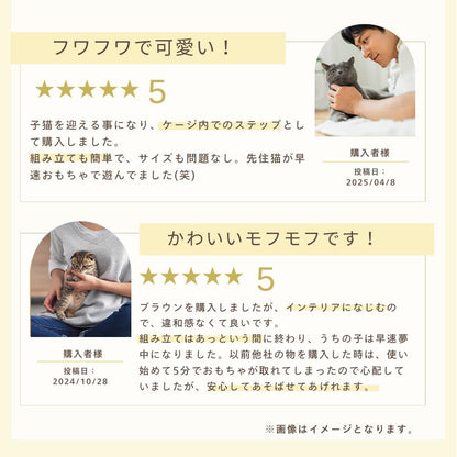 フワフワで可愛いと子猫のケージ用ステップに購入した人、かわいいモフモフですとブラウンを購入しインテリアになじんだという2件の五つ星レビューと猫を抱く人の写真