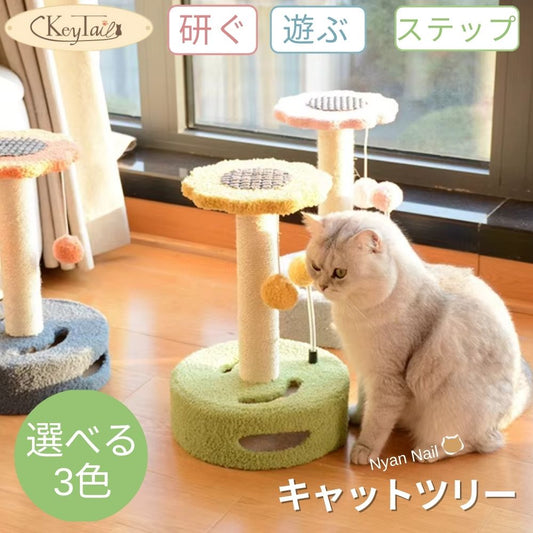 花型爪とぎ「キャットツリー」のメイン画像。研ぐ・遊ぶ・ステップの3役を果たすアイテムで、白猫がそばに座り選べる3色を訴求