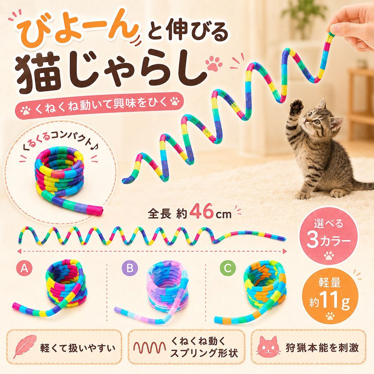 「びよーんと伸びる猫じゃらし くねくね動いて興味をひく」の説明カット。全長約46cm、丸めるとくるくるコンパクトになる形状。人の手で持つバネ状じゃらしに子猫が前脚を伸ばす。軽量約11gと選べる3カラーを表記