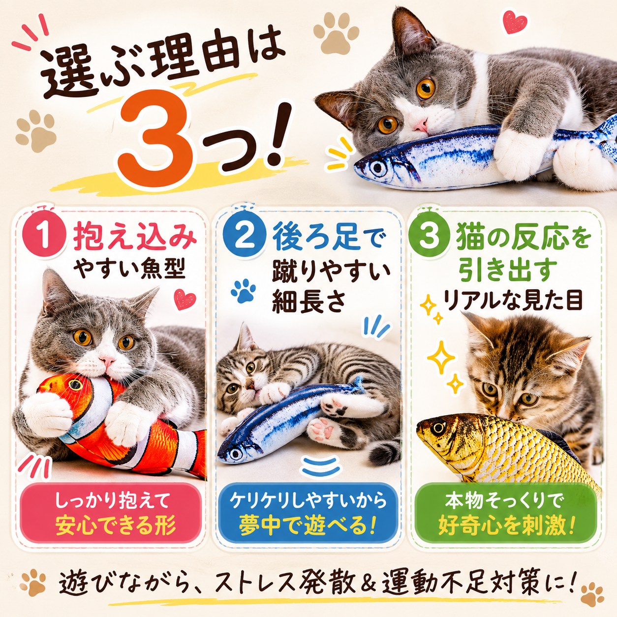 「選ぶ理由は3つ！①抱え込みやすい魚型 ②後ろ足で蹴りやすい細長さ ③猫の反応を引き出すリアルな見た目」を3枚の実演写真で紹介