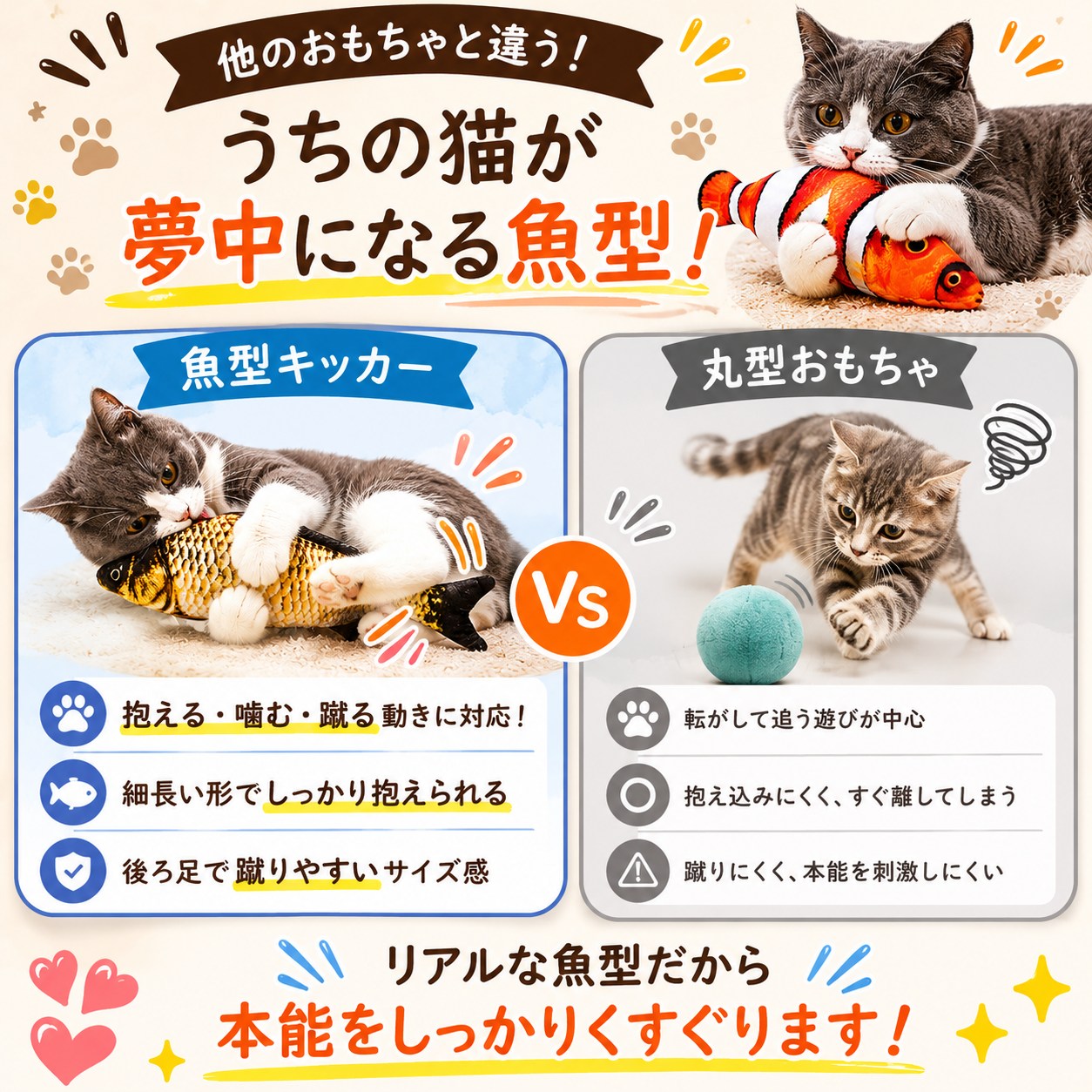「他のおもちゃと違う！うちの猫が夢中になる魚型」丸型おもちゃとの比較。魚型キッカーは抱える・噛む・蹴る動きに対応し本能を刺激すると説明