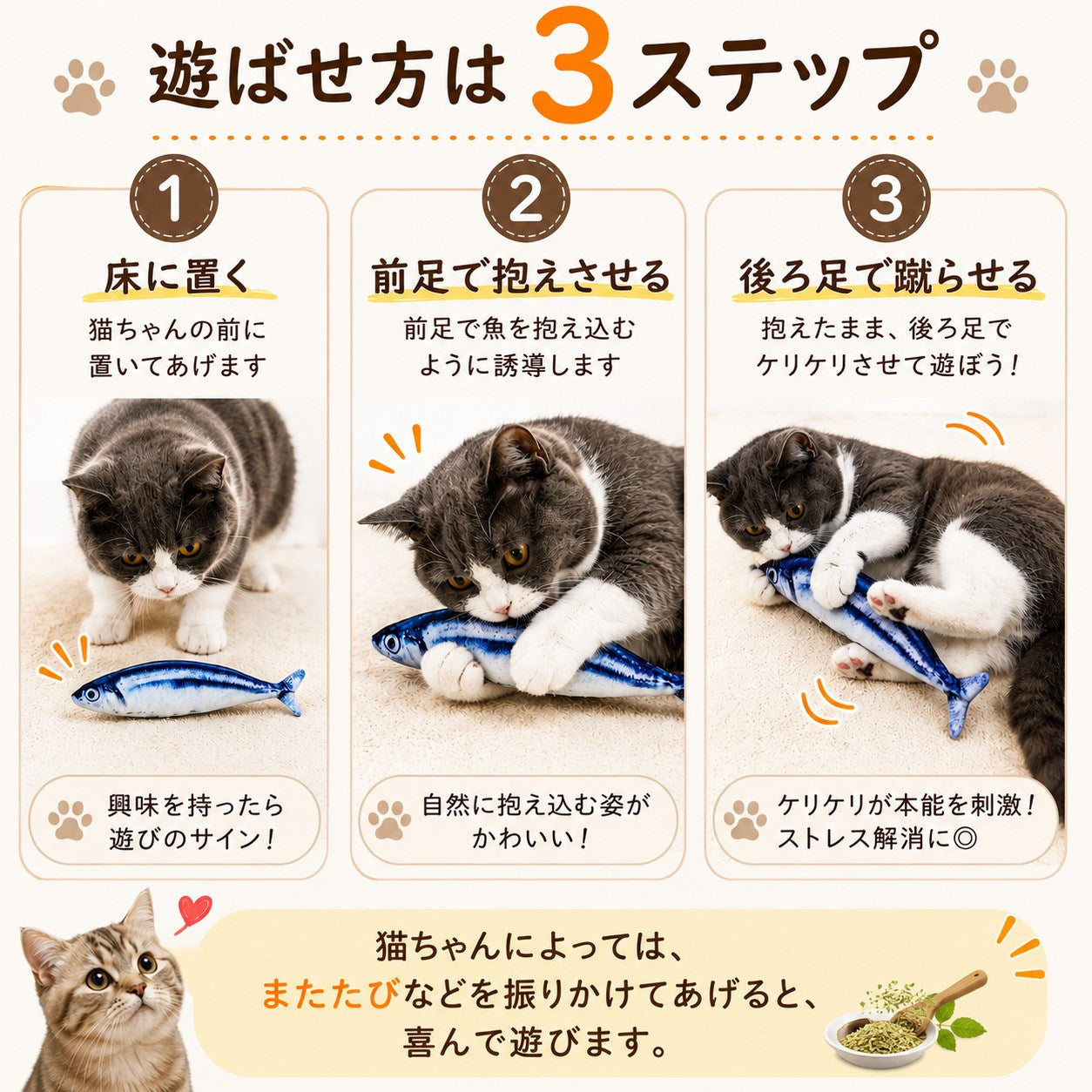 「遊ばせ方は3ステップ」①床に置く②前足で抱えさせる③後ろ足で蹴らせる、を猫の実演写真とともに解説。またたびを振りかける遊び方も紹介