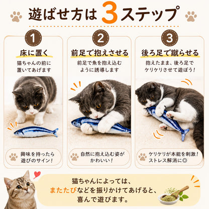 「遊ばせ方は3ステップ」①床に置く②前足で抱えさせる③後ろ足で蹴らせる、を猫の実演写真とともに解説。またたびを振りかける遊び方も紹介