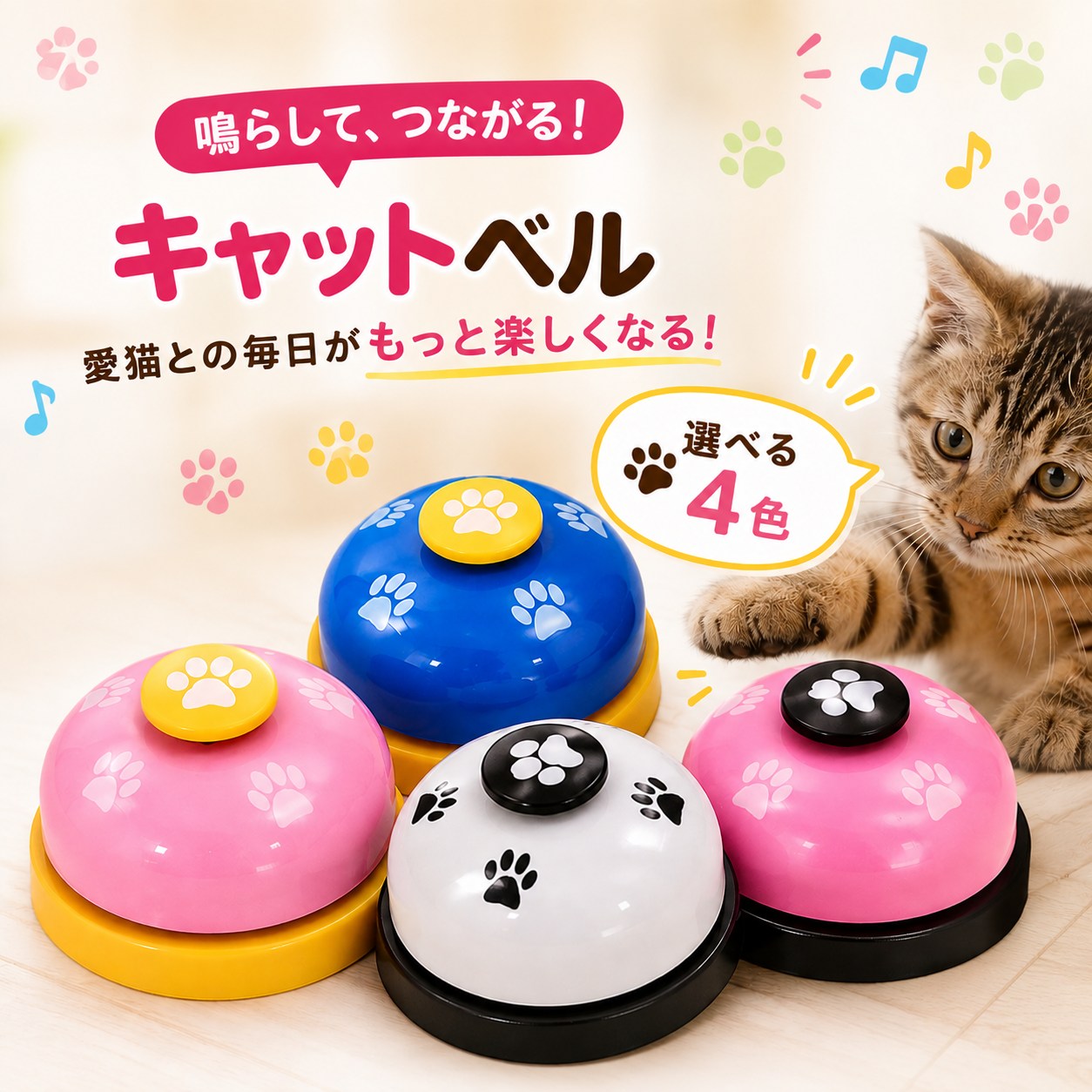 「鳴らして、つながる！キャットベル 愛猫との毎日がもっと楽しくなる！選べる4色」の見出しと、ピンク・ブルー・白・黒の肉球ボタン付きキャットベル4個、手を伸ばす茶トラ猫