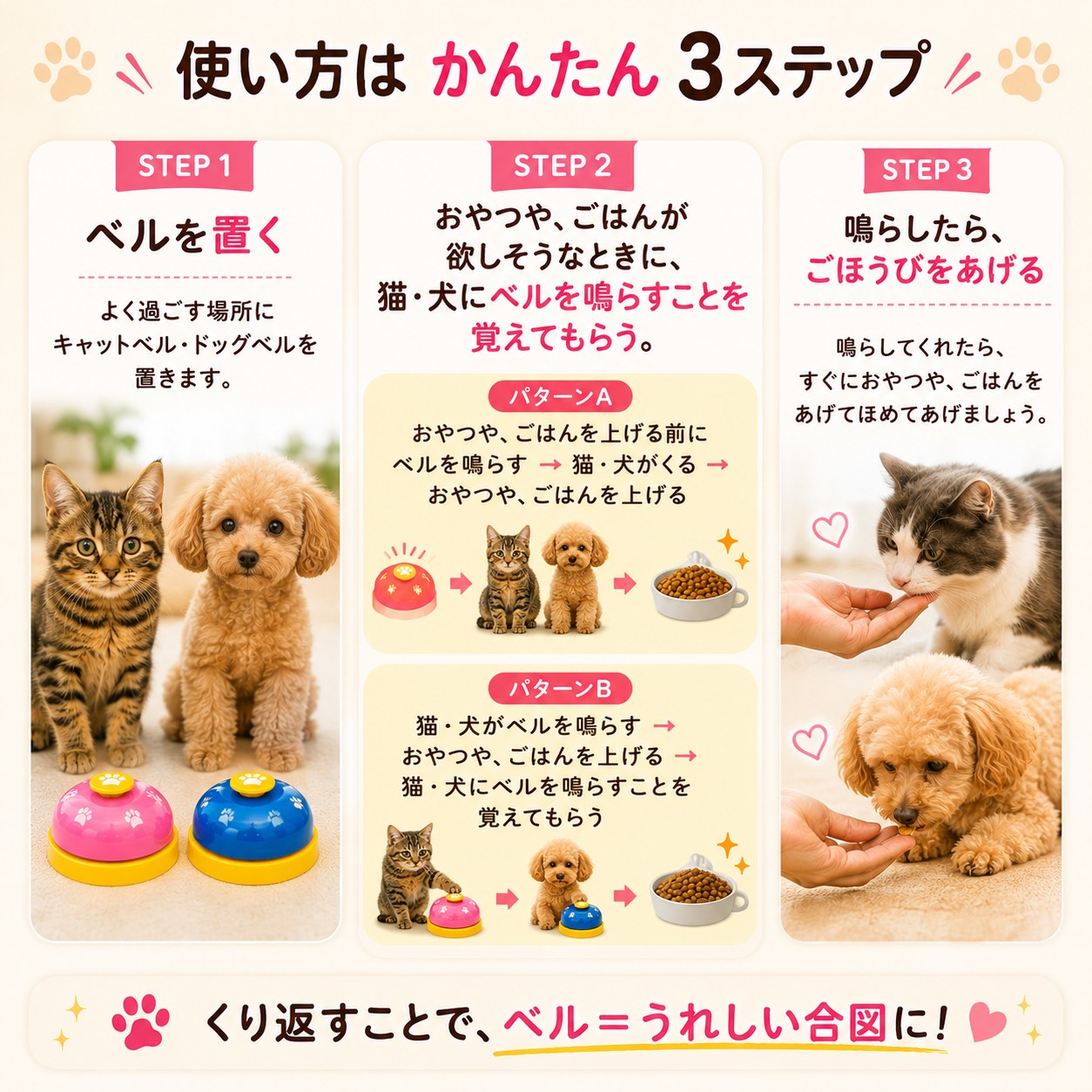 使い方3ステップの図解。STEP1ベルを置く、STEP2おやつやごはんが欲しい時にベルを鳴らすことを覚えてもらう(パターンA・B)、STEP3鳴らしたらごほうびをあげる、を猫と犬の写真とイラストで説明