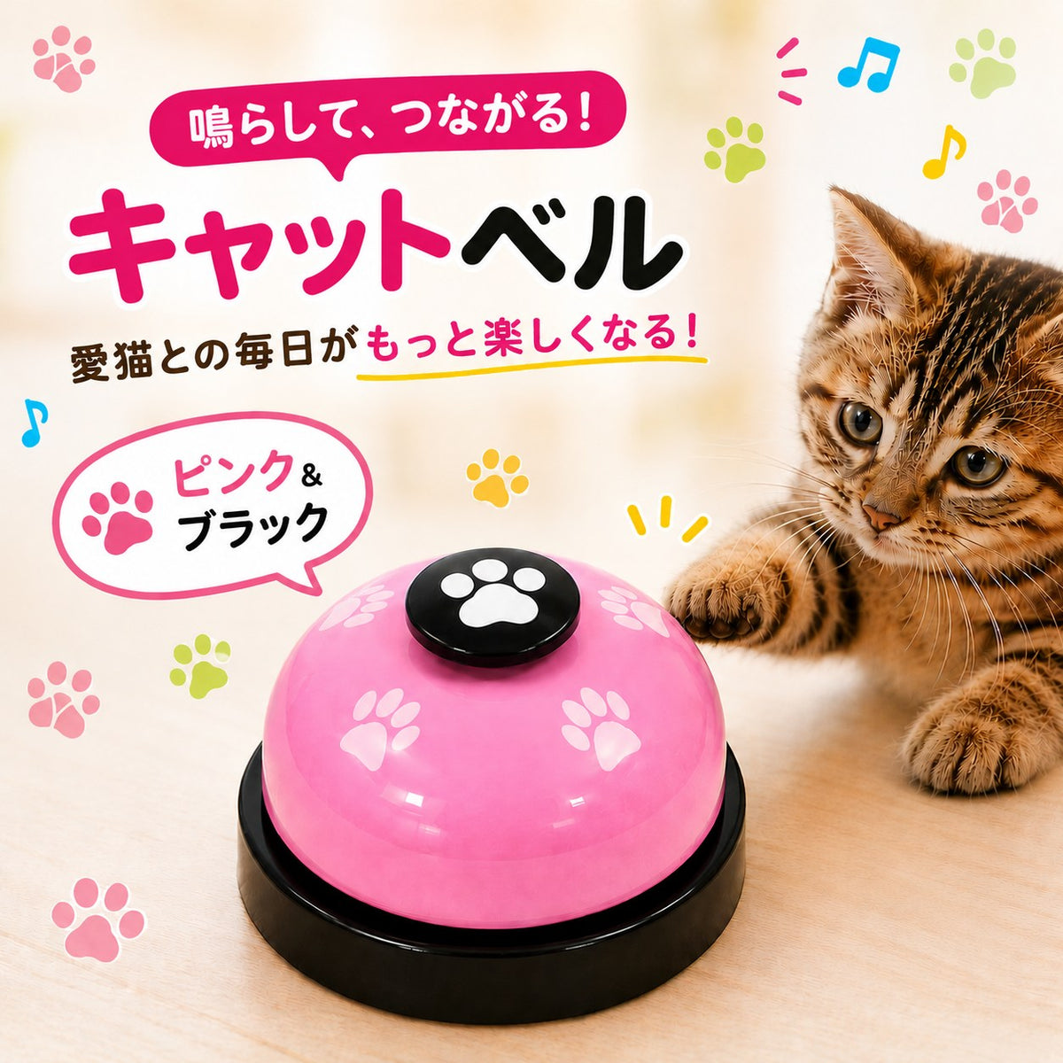 「鳴らして、つながる！キャットベル」ピンク＆ブラックカラーのベルと、前足を伸ばす茶トラ子猫。黒い肉球ボタンにピンクのドーム、黒い台座のデザイン