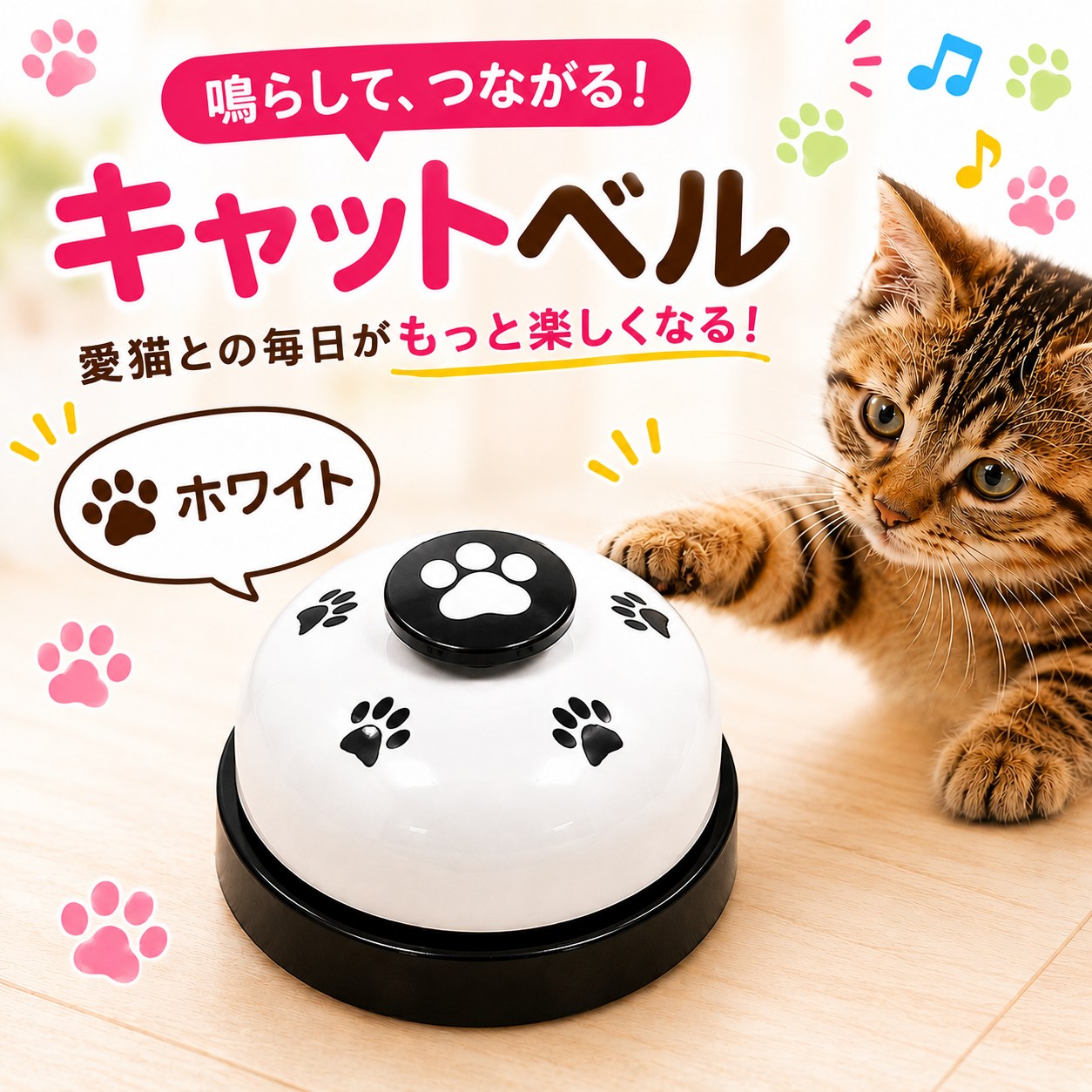 「鳴らして、つながる！キャットベル」ホワイトカラーのベルと、前足を伸ばす茶トラ子猫。黒い肉球ボタンと黒い肉球柄が入った白いドーム、黒い台座のデザイン