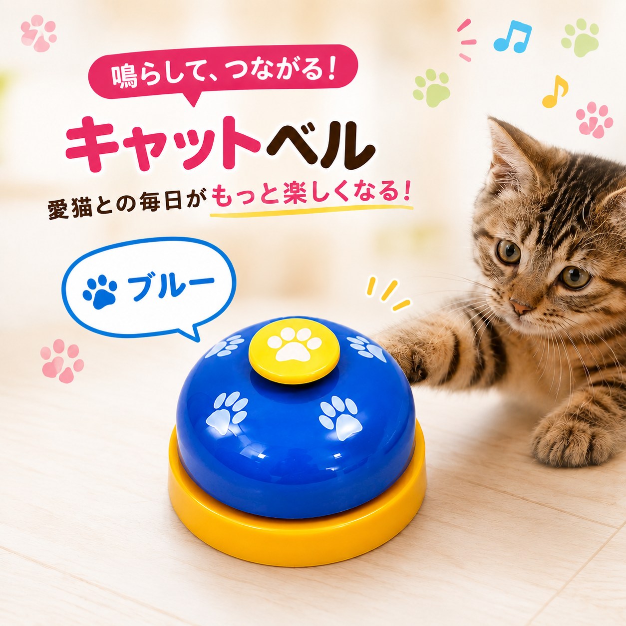 「鳴らして、つながる！キャットベル」ブルーカラーのベルと、前足を伸ばす茶トラ子猫。黄色い肉球ボタンに青いドーム、黄色い台座のデザイン