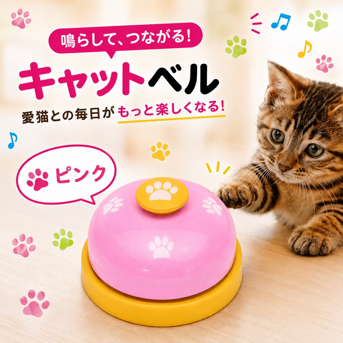 「鳴らして、つながる！キャットベル」ピンクカラーのベルと、前足を伸ばす茶トラ子猫。黄色い肉球ボタンにピンクのドーム、黄色い台座のデザイン