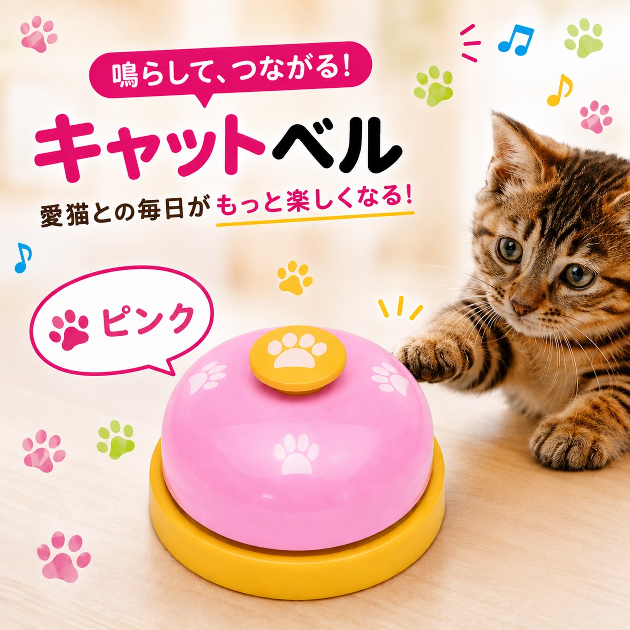 「鳴らして、つながる！キャットベル」ピンクカラーのベルと、前足を伸ばす茶トラ子猫。黄色い肉球ボタンにピンクのドーム、黄色い台座のデザイン
