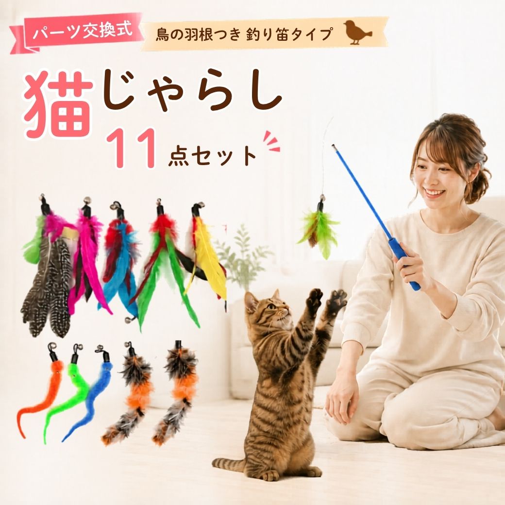 パーツ交換式・鳥の羽根つき釣り竿タイプの猫じゃらし11点セット。女性が竿を振り、猫が前足を上げて羽根に飛びつく様子