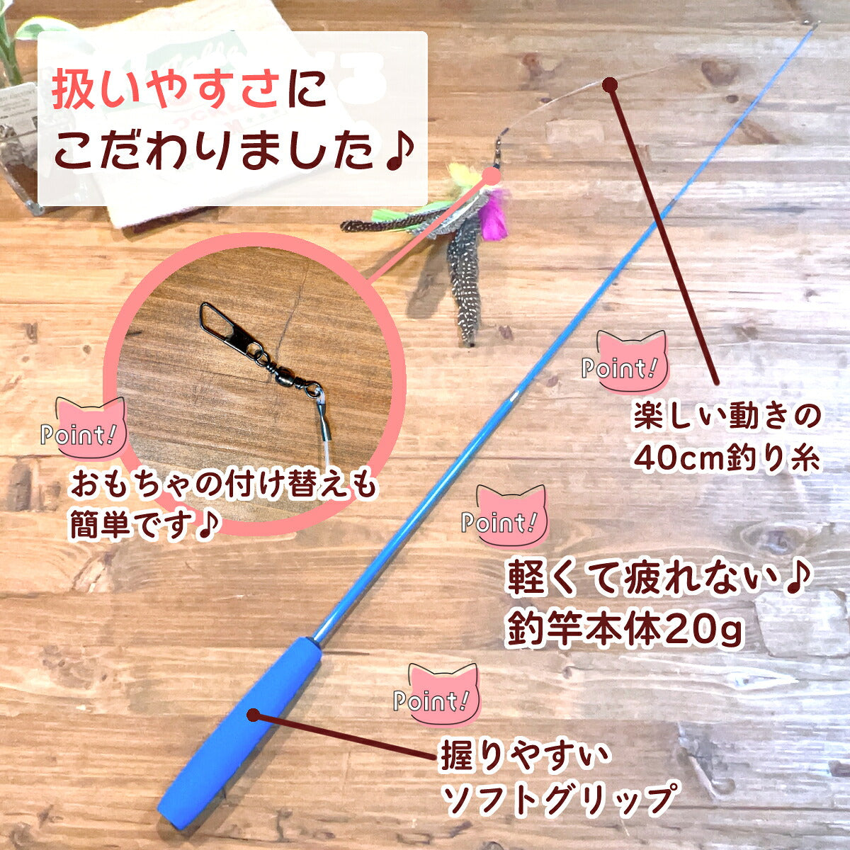 釣竿の構造説明。楽しい動きの40cm釣り糸、軽くて疲れない20gの竿本体、握りやすいソフトグリップ、金具でおもちゃの付け替えが簡単な様子を拡大表示