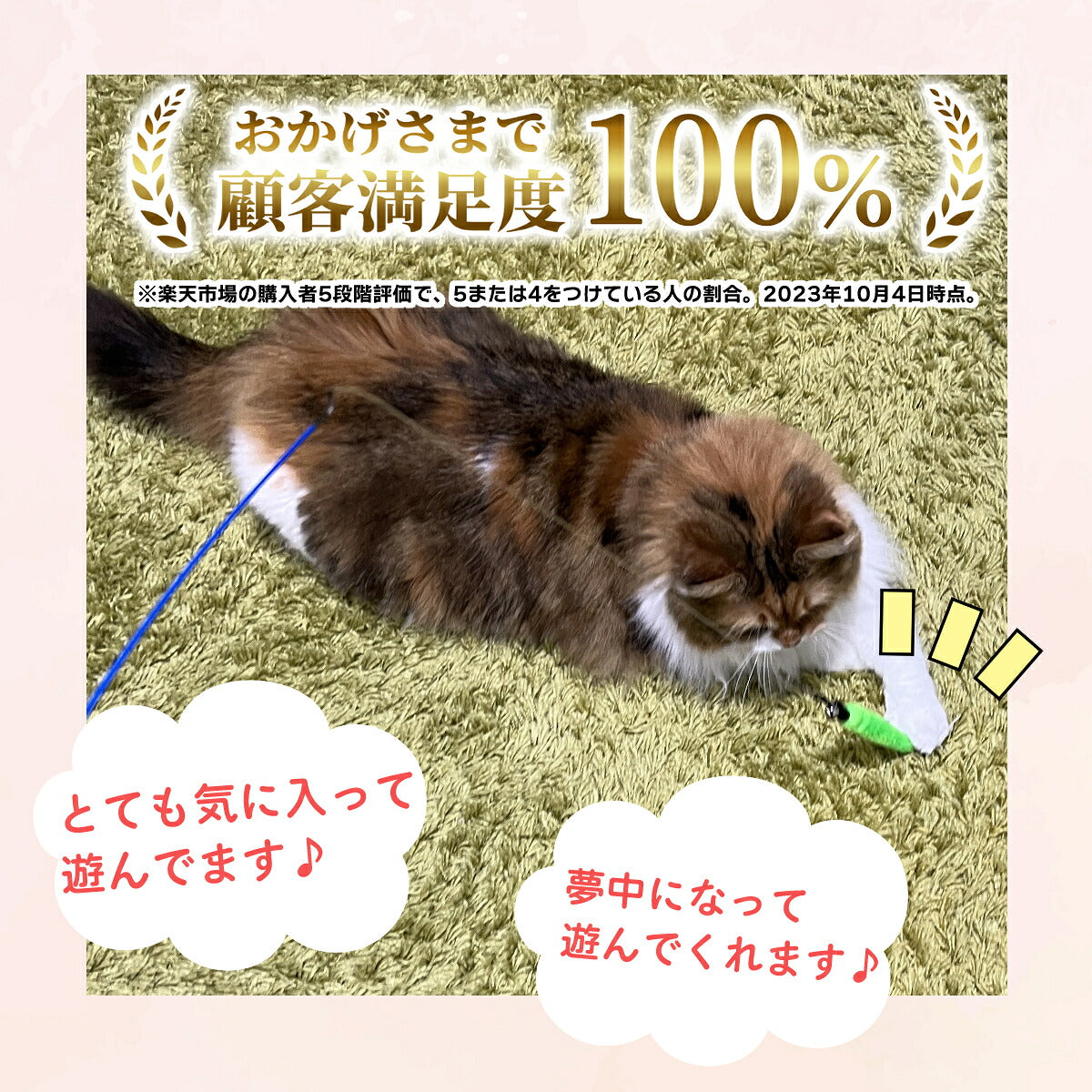 顧客満足度100%のバッジと、猫が緑色のパーツにじゃれつく様子。「とても気に入って遊んでます」「夢中になって遊んでくれます」という利用者の声を添えたカット