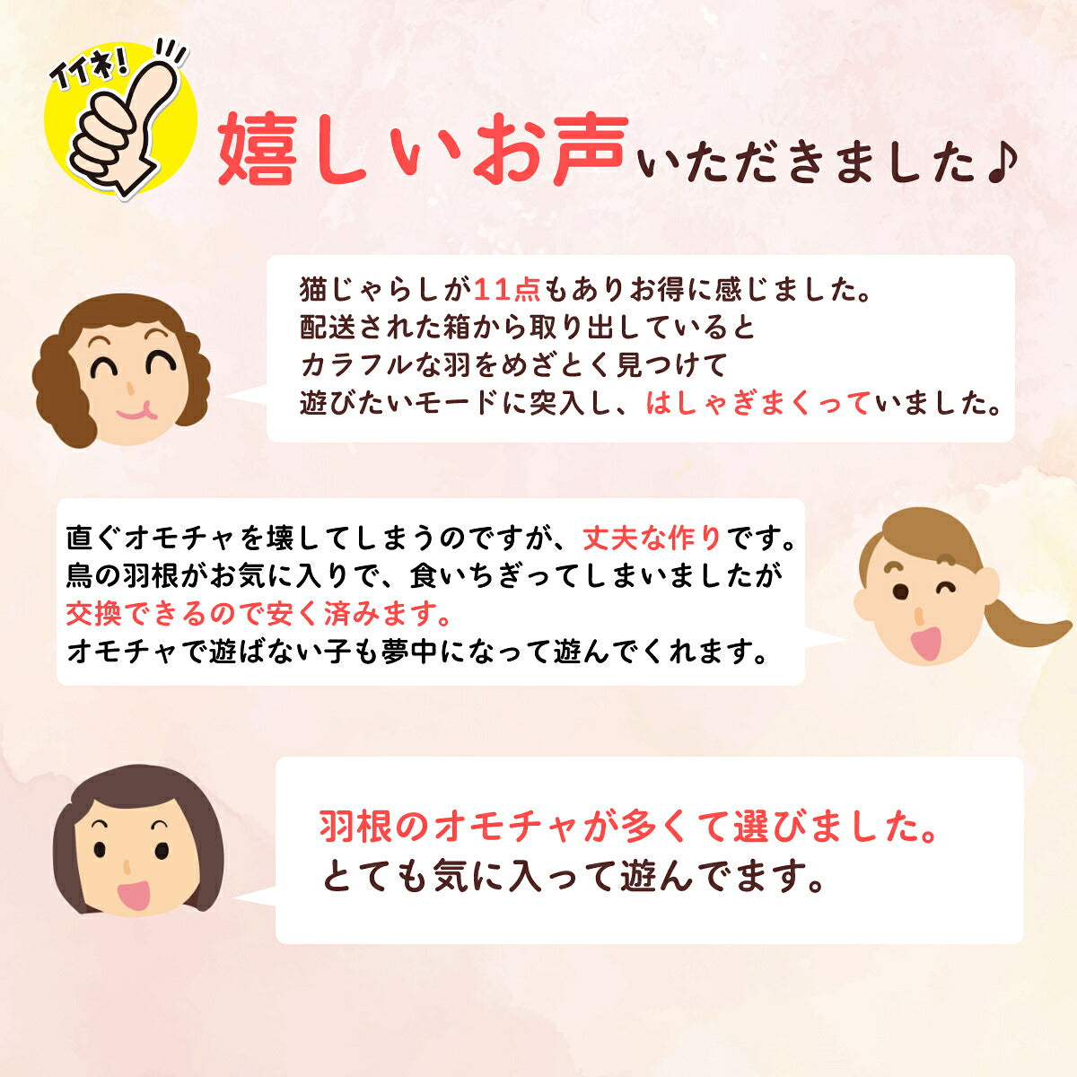購入者からの好意的なレビュー3件を紹介するカット。11点セットのお得感、丈夫で交換できる作り、羽根の種類の多さが挙げられている