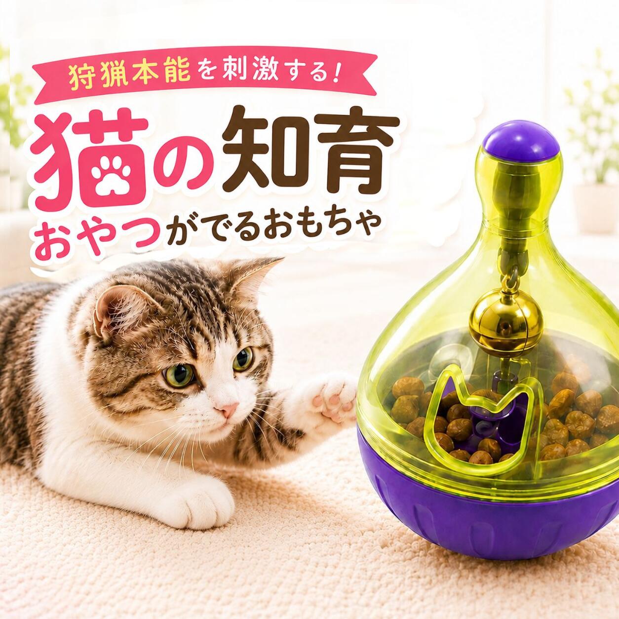「狩猟本能を刺激する！猫の知育 おやつがでるおもちゃ」の見出しと、雫型のおもちゃに前足を伸ばす茶白猫。上部が黄緑・下部が紫のボトル型で中に鈴とおやつが見える
