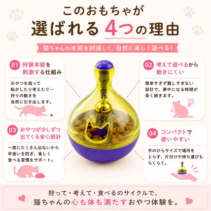 選ばれる4つの理由の一覧。01狩猟本能を刺激する仕組み、02考えて遊べるから飽きにくい、03おやつが少しずつ出てくる安心設計、04コンパクトで使いやすい、を中央のおもちゃ写真とともに説明