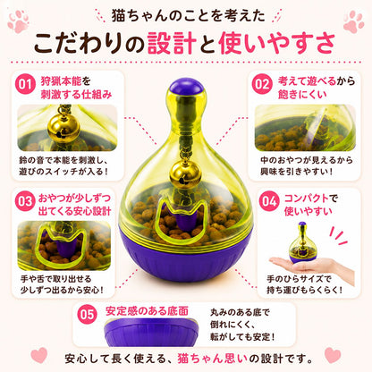 設計と使いやすさの詳細。01鈴の音で本能刺激、02中のおやつが見えて興味を引く、03手や舌で取り出せる少量設計、04手のひらサイズで持ち運びやすい、05丸みのある底で倒れにくい安定底面を写真付きで解説