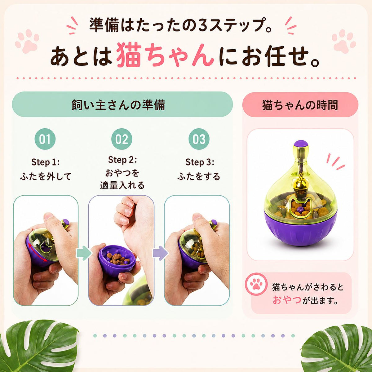使い方3ステップの手順写真。Step1ふたを外す、Step2おやつを適量入れる、Step3ふたをする、を手元の写真で解説し、猫が触るとおやつが出ると説明
