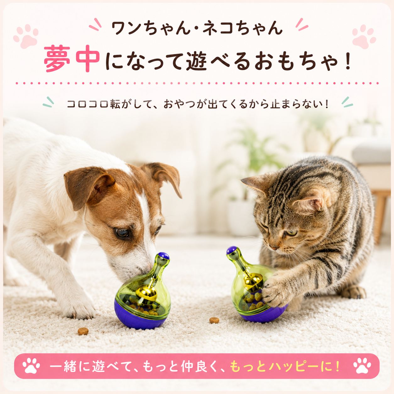 「ワンちゃん・ネコちゃん夢中になって遊べるおもちゃ」の見出し。紫色のおもちゃで並んで遊ぶ犬と猫、床にはこぼれたおやつの粒
