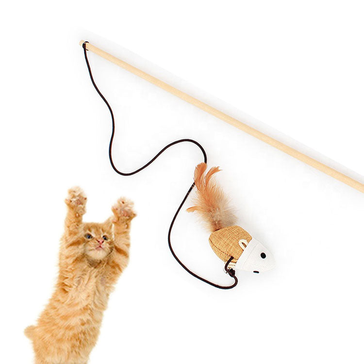 ねずみ型チャームに向かって両手を上げてジャンプする茶トラの子猫。狩猟本能を刺激して夢中で遊ぶ様子