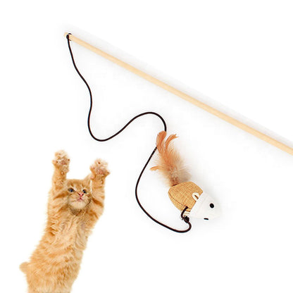 ねずみ型チャームに向かって両手を上げてジャンプする茶トラの子猫。狩猟本能を刺激して夢中で遊ぶ様子