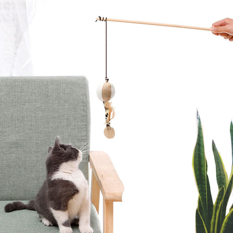 人が柄を持ち、ソファの上からボール型チャームを見つめる白黒猫。室内での遊び方をイメージしたカット