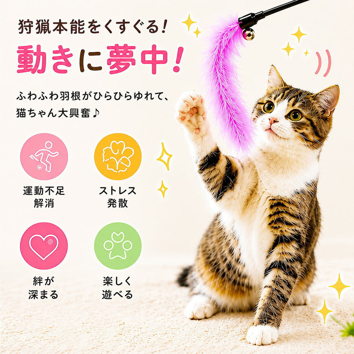 「狩猟本能をくすぐる!動きに夢中!」。ふわふわ羽根がひらひら揺れて猫ちゃん大興奮と紹介し、運動不足解消・ストレス発散・絆が深まる・楽しく遊べるの4効果をアイコンで表示。ピンクの羽根に前足を伸ばす猫