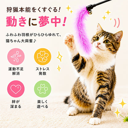 「狩猟本能をくすぐる!動きに夢中!」。ふわふわ羽根がひらひら揺れて猫ちゃん大興奮と紹介し、運動不足解消・ストレス発散・絆が深まる・楽しく遊べるの4効果をアイコンで表示。ピンクの羽根に前足を伸ばす猫