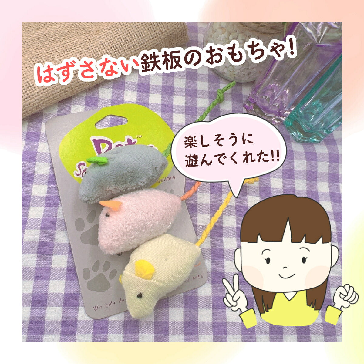 「はずさない鉄板のおもちゃ！」。パッケージのねずみ3匹と「楽しそうに遊んでくれた！！」という飼い主コメントの吹き出し
