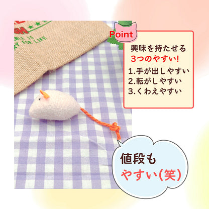 生成り色のねずみ単体。「興味を持たせる3つのやすい！手が出しやすい・転がしやすい・くわえやすい」と「値段もやすい（笑）」の吹き出し