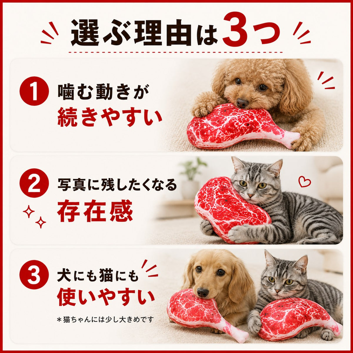 選ぶ理由は3つ。1.噛む動きが続きやすい(ステーキを噛む犬) 2.写真に残したくなる存在感(ステーキを抱える猫) 3.犬にも猫にも使いやすい(猫にはやや大きめの注記付き)