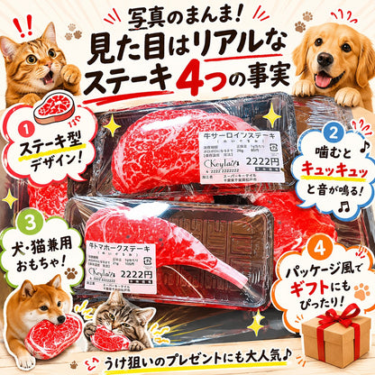 見た目はリアルなステーキ4つの事実。1.ステーキ型デザイン 2.噛むとキュッキュッと音が鳴る 3.犬・猫兼用おもちゃ 4.パッケージ風でギフトにも向く、と4項目で紹介