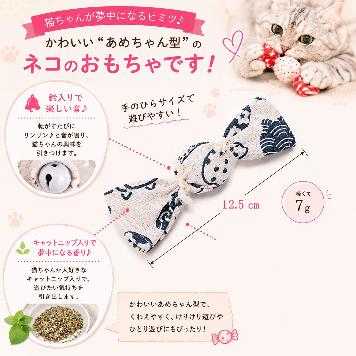 サイズと機能の解説図。全長12.5cm・重さ7g、鈴入りで転がすと音が鳴る仕組みとキャットニップの香りによる誘引効果を説明