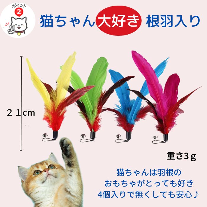 「猫ちゃん大好き根羽入り」の見出し。黄・緑・青・ピンクの羽根おもちゃ4本を並べ、高さ21cm・重さ3gと表記。子猫が羽根に手を伸ばす写真も添える