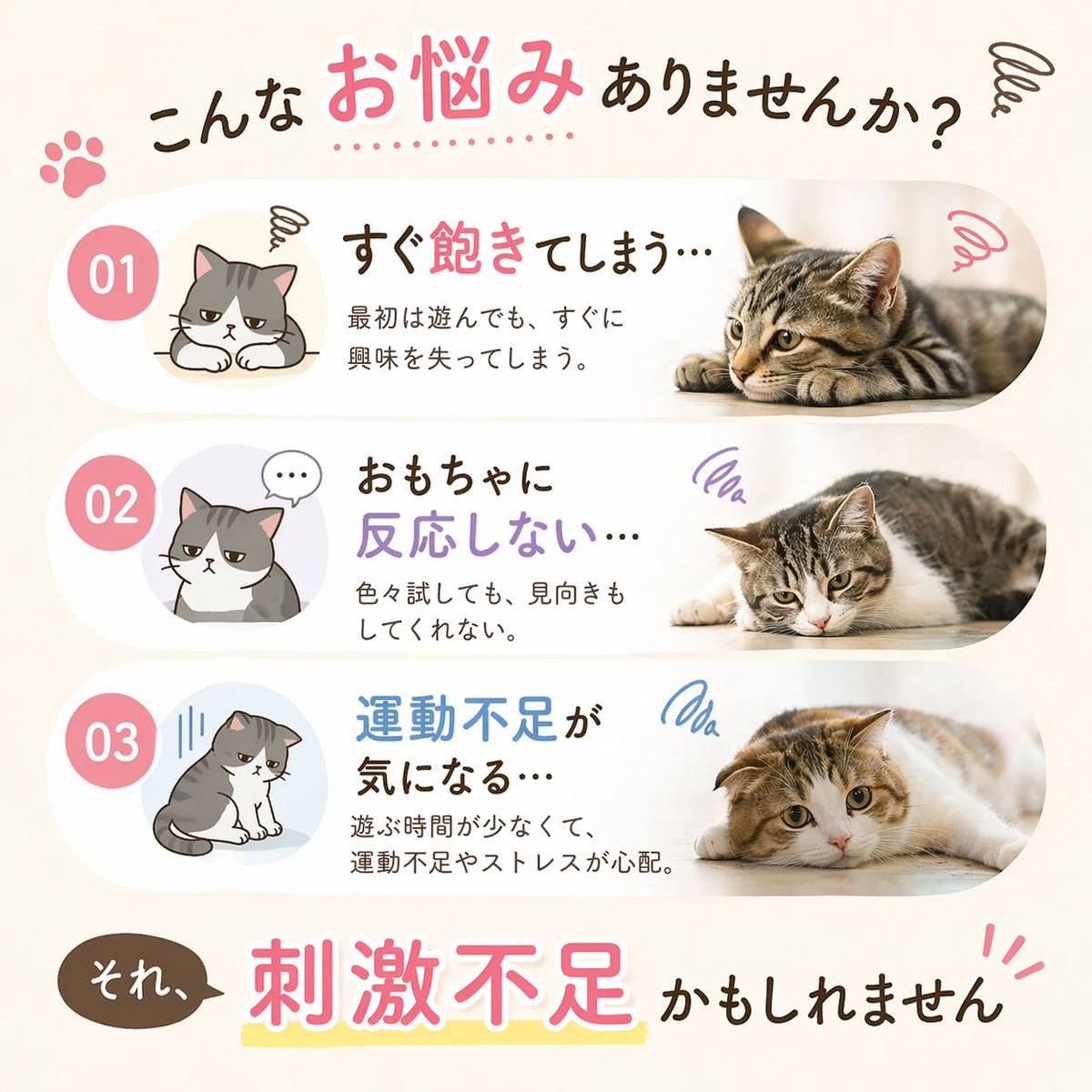 猫の悩みを提起する導入カット。「すぐ飽きてしまう」「おもちゃに反応しない」「運動不足が気になる」の3つの悩みを猫の写真とイラストで示し、原因は刺激不足と結論づける
